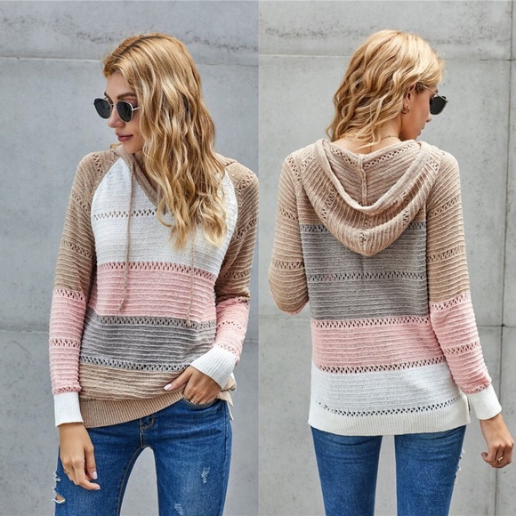 IN STOCK Color Block Knit Pullover Hoodie - RED - Picture 2 of 6